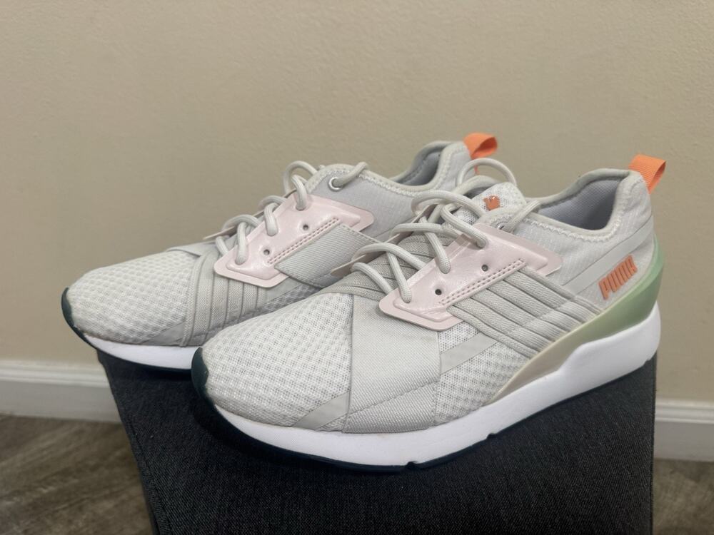 Puma Muse Metal "White / Pastel Green & Orange" Women's Sneakers - Size 9.5